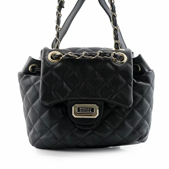 Badgley Mischka ✦ Quilted Vegan Leather Backpack ✦ Black Chain Strap Turn-Lock - Picture 1 of 8